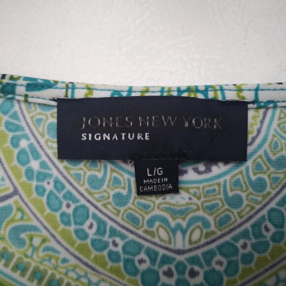 Jones New York Signature Ladies Size Large Green Teal White & Black Pattern Top - Picture 3 of 9